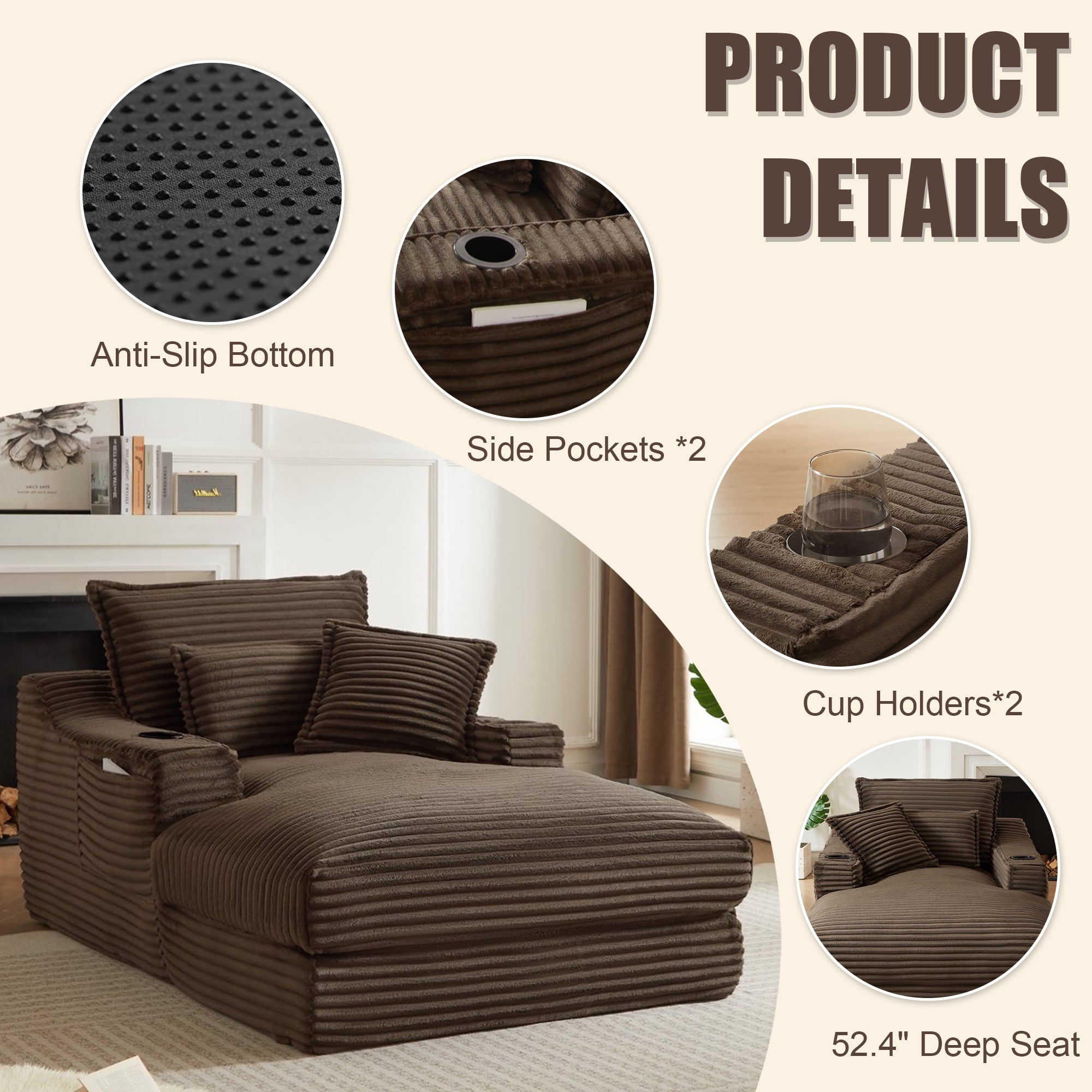 Kosynda 68"D Oversized Chaise Lounge Chair Indoor with Storage, Corduroy Upholstered Boneless Sleeper Sofa Bed with Cup Holder for Living Room, Bedroom, Brown