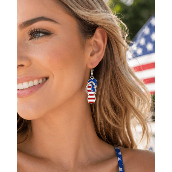 American Flag Rhinestone 4th July Flip Flops Drop Earrings, Patriotic Jewelry, Red White Blue Flip Flops Earrings