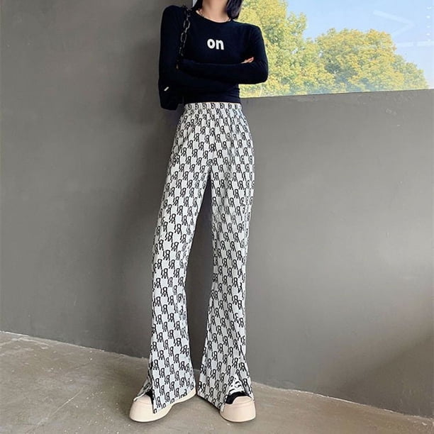 Pantalones casuales divididos para mujer, pantalones adelgazantes de cintura alta con letras y caída de seda de hielo, pantalones de pierna ancha de moda para primavera y verano