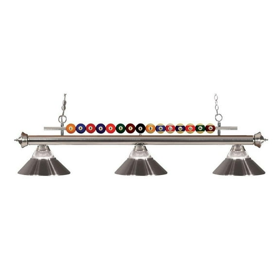 3 Light Billiard Light with Brushed Nickel Frame with Pool Balls Across The Top and Clear Ribbed Glass and Metal Dome Shades Bailey Street Home