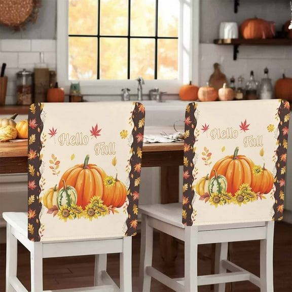 Autumn Harvest Chair Covers Set of 4 Pumpkin Maple Leaf Brown Beige Hello Fall Chair Back Covers Stretch Removable Washable Slipcovers Protector for Dining Room Kitchen Party Decor