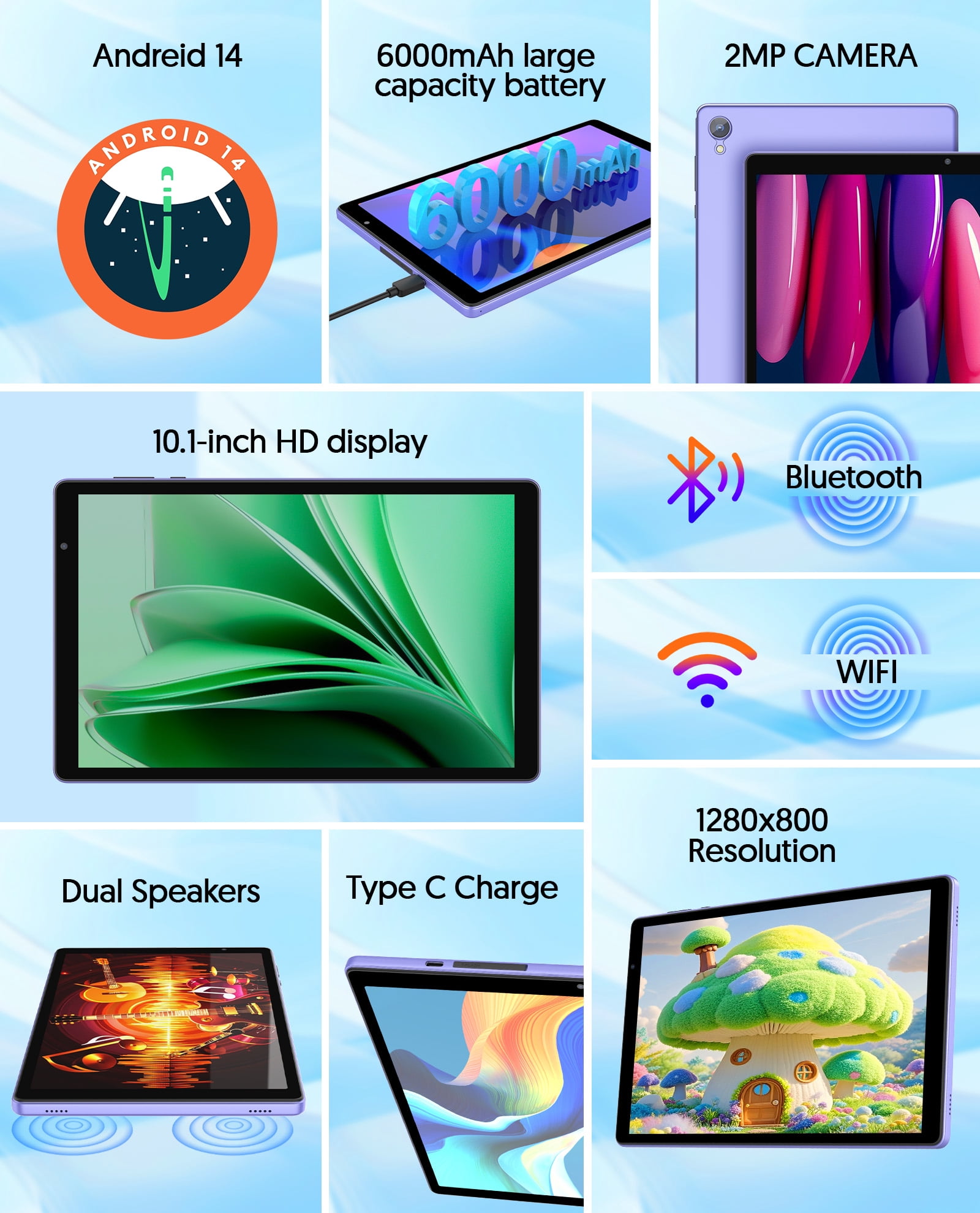 Android Tablet, 10 inch Android 14 Tablet, Quad-core CPU, RAM 4GB（2G+2G）, ROM 32GB (Up to 1TB), 800x1280 IPS, WiFi 6, 2MP+2MP, 6000mAh, Purple