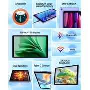 Android Tablet, 10 inch Android 14 Tablet, Quad-core CPU, RAM 4GB(2G+2G), ROM 32GB (Up to 1TB), 800x1280 IPS, WiFi 6, 2MP+2MP, 6000mAh, Purple