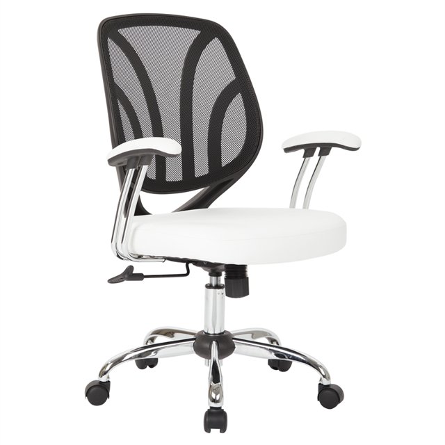 Screen Back Chair in White Faux Leather with Chrome Padded Arms