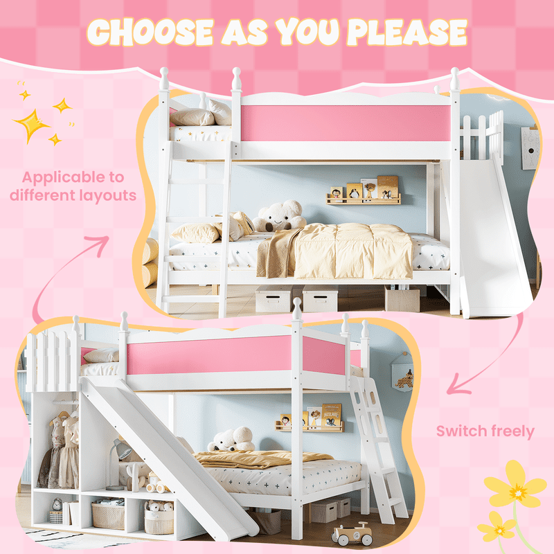 Full Over Full Bunk Bed with Slide and Ladder, Solid Wood Kids Bunk Bed with Storage Shelves and Hanging Rod, Low Profile Design, Full-Length Guardrails