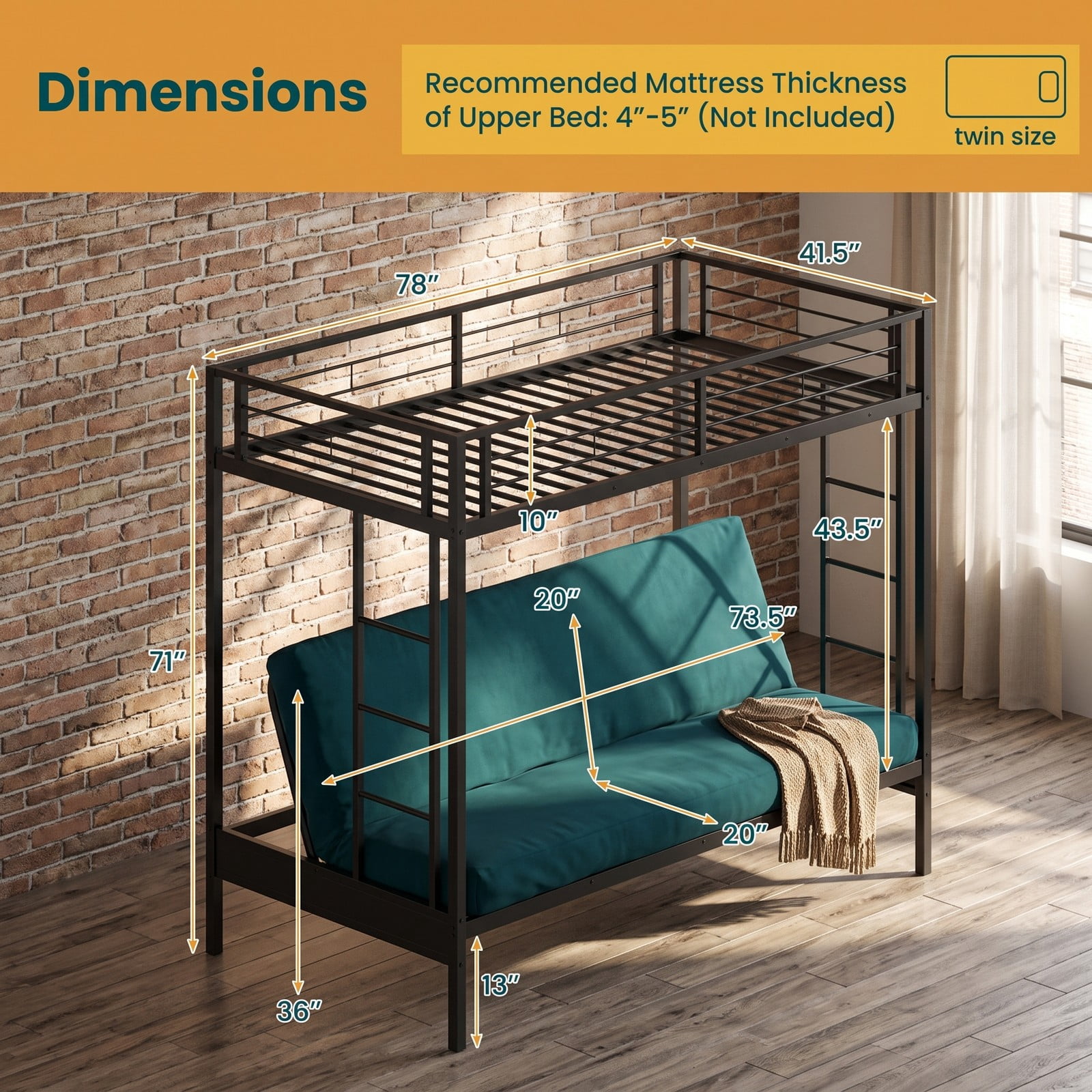 Furnibear Twin Over Futon Metal Bunk Bed with Convertible Sofa 2 Ladders and Guardrails for Guest Rooms and Dorms, Black