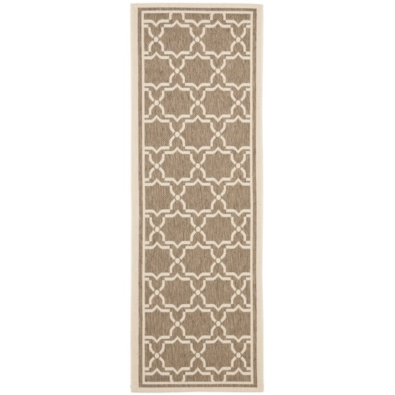SAFAVIEH Courtyard Allison Geometric Bordered Indoor/Outdoor Runner Rug, 2'3" x 10', Brown/Bone