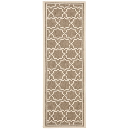 SAFAVIEH Courtyard Allison Geometric Bordered Indoor/Outdoor Runner Rug, 2'3" x 6'7", Brown/Bone