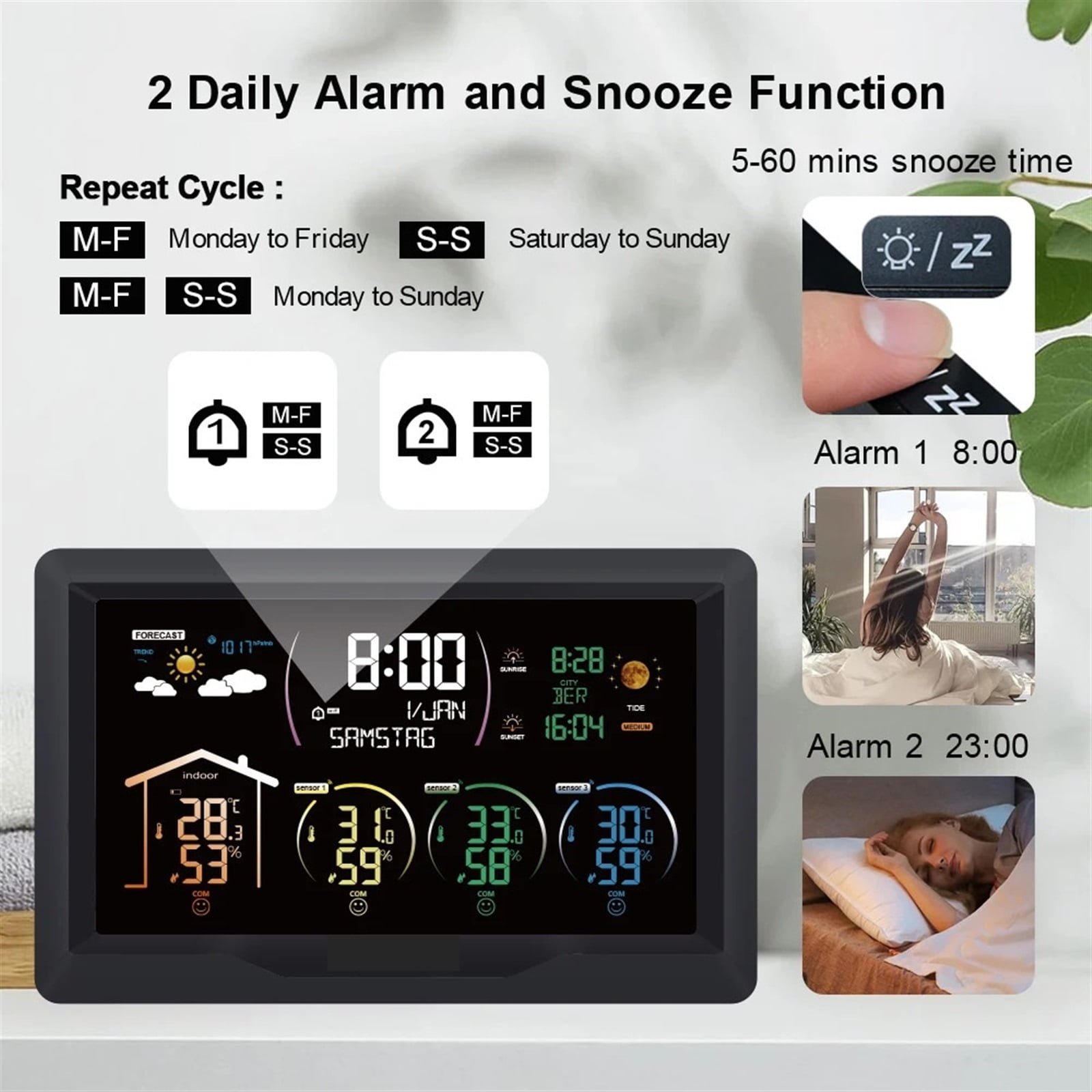 Weather Station Wireless Digital Indoor Outdoor Forecast Hygrometer Humidity Temperature Meter With 3 Sensors ,Excellent Visual Experience