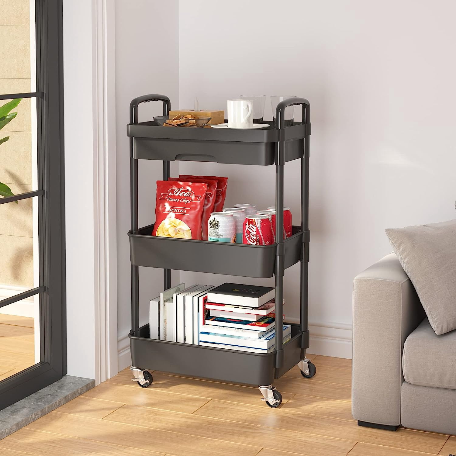 3-Tier Rolling Utility Cart with Drawer,Multifunctional Storage Organizer with Plastic Shelf & Metal Wheels,Storage Cart for Kitchen,Bathroom,Living Room,Office,Black