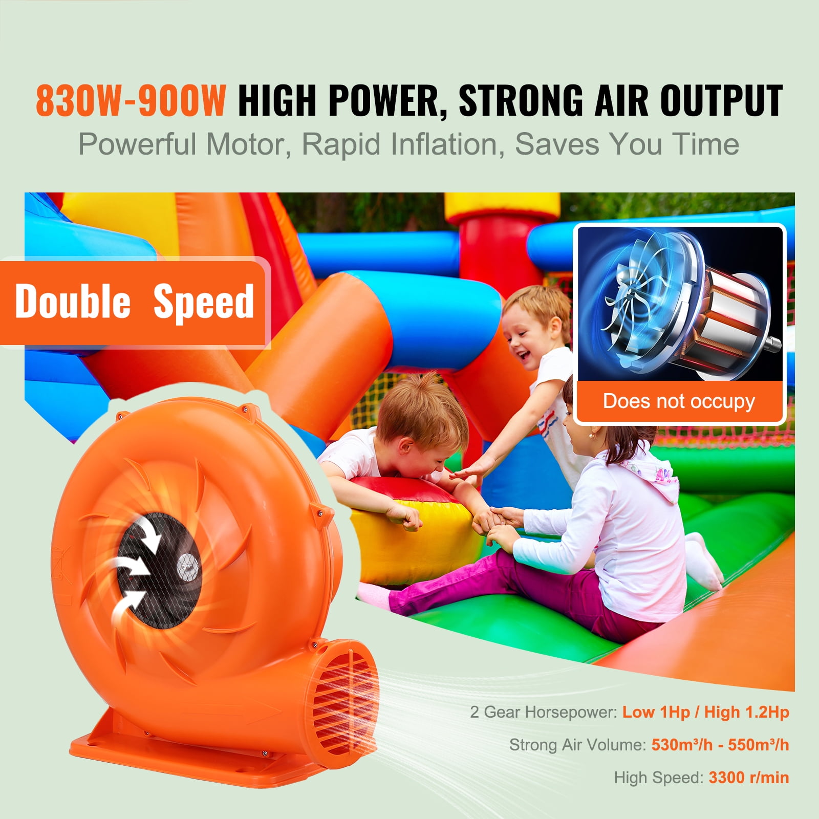 SKYSHALO Air Blower Pump Fan 900W 1 & 1.2 HP, Shock-resistant PC Commercial Air Blower for Inflatable Bounce House Bouncy Castle