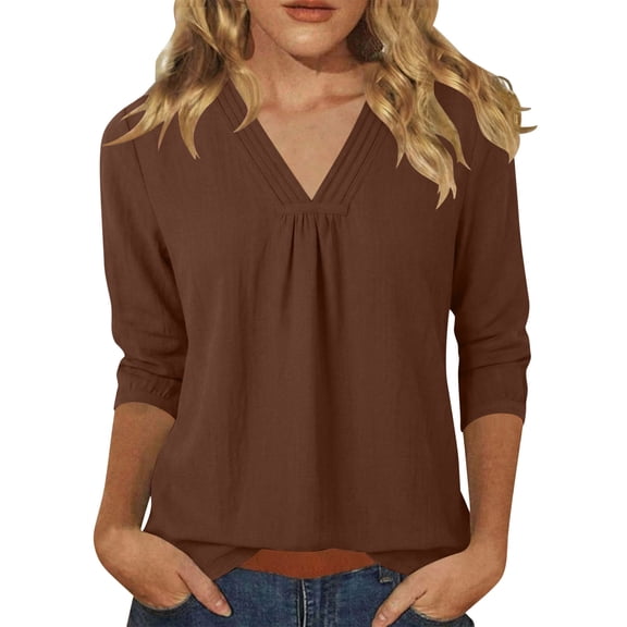 Ecqkame 3/4 Sleeve Tunic Tops for Women V Neck Collared Cotton Linen Shirts Work Blouses Dressy Casual Blouses Coffee XXXL
