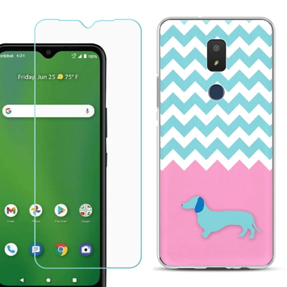 Slim-Fit TPU Fashion Phone Case for Cricket Icon 3, with Tempered Glass Screen Protector, by OneToughShield ® - Chevron/Dachshund/Puppy