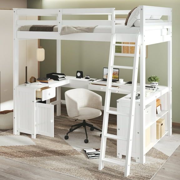 Euroco Wood Full Size Loft Bed with Desk and Shelves, White