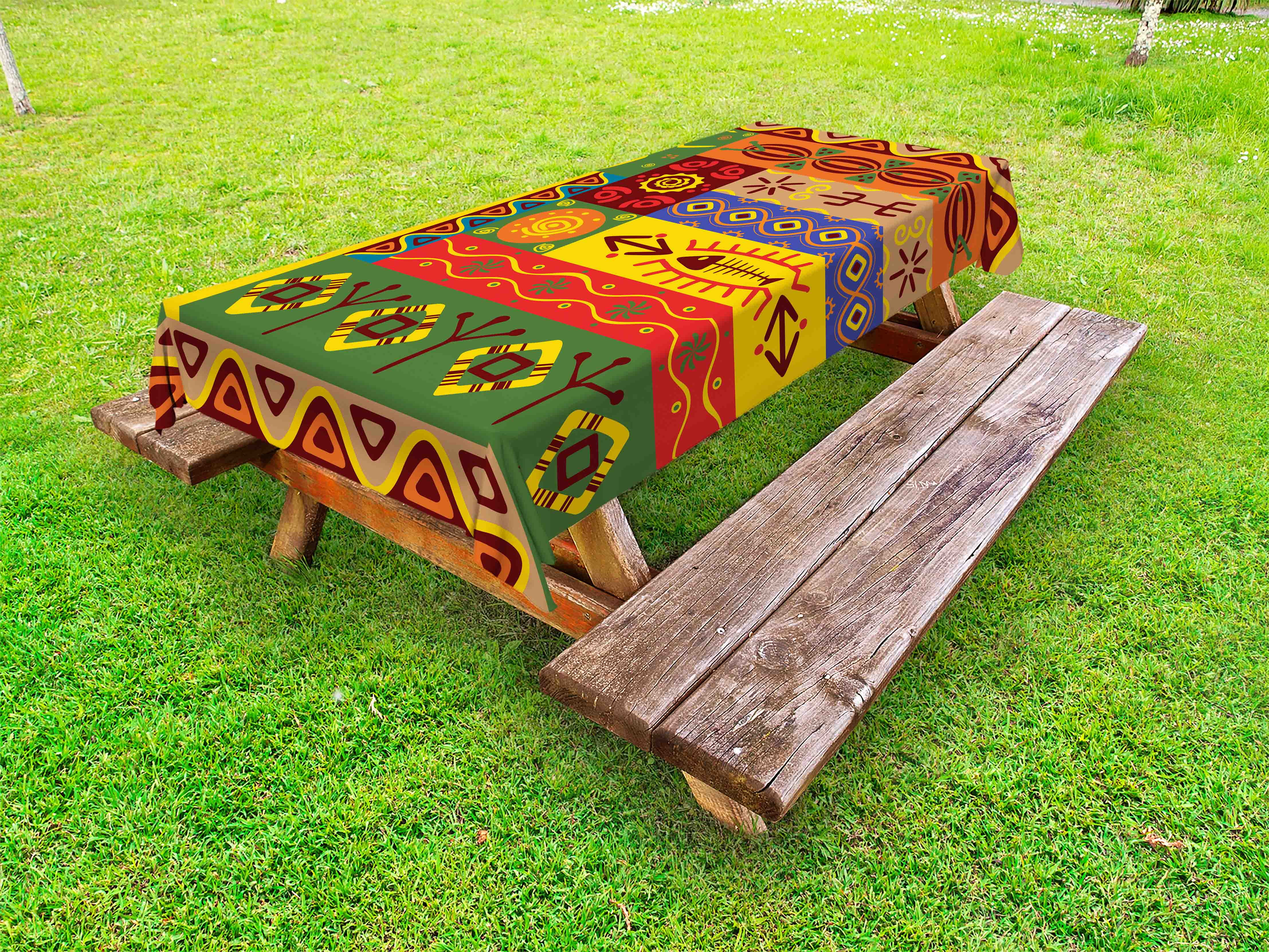 African Outdoor Tablecloth, Abstract Ethnic West African Tribal Folk Art Forms with Unique