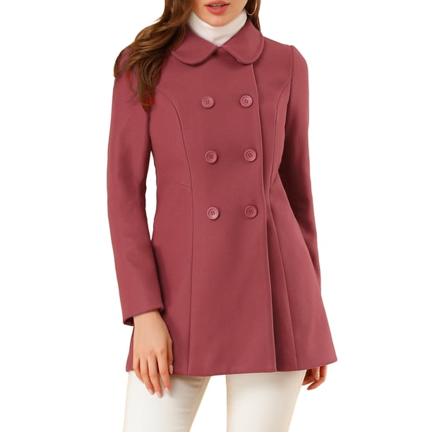 Abrigo largo de invierno de doble botonadura con cuello Peter Pan para mujer Inspire Chic, talla L, rosa oscuro