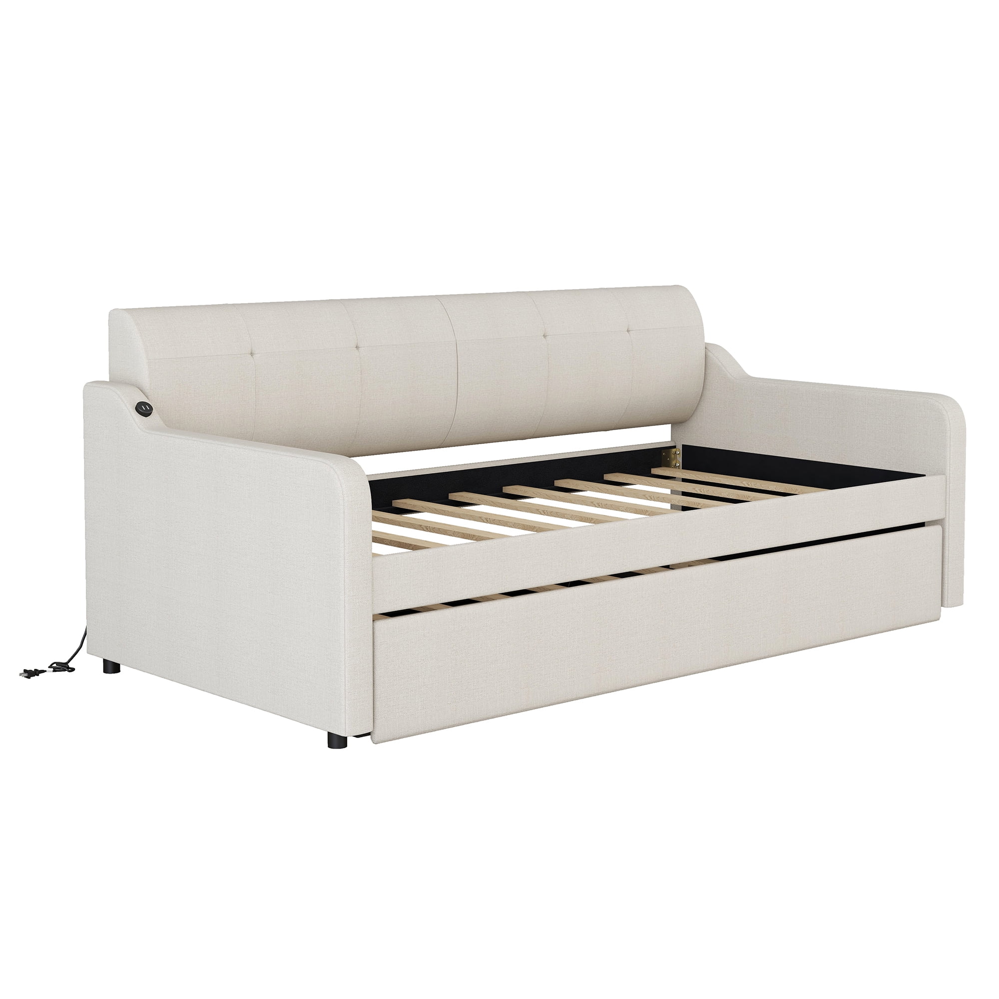 Alvantor Twin Upholstered Daybed with Trundle, Wood Sofa Bed With USB Port for Living Room Bedroom, Beige