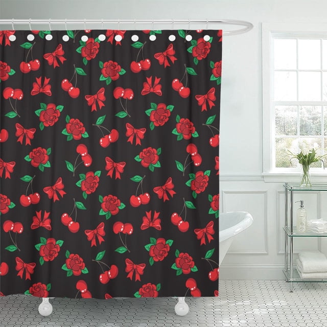 ABPHQTO Cortina de ducha de poliéster con parches y alfileres de lazo de cereza rosa de la vieja escuela 152x180 cm