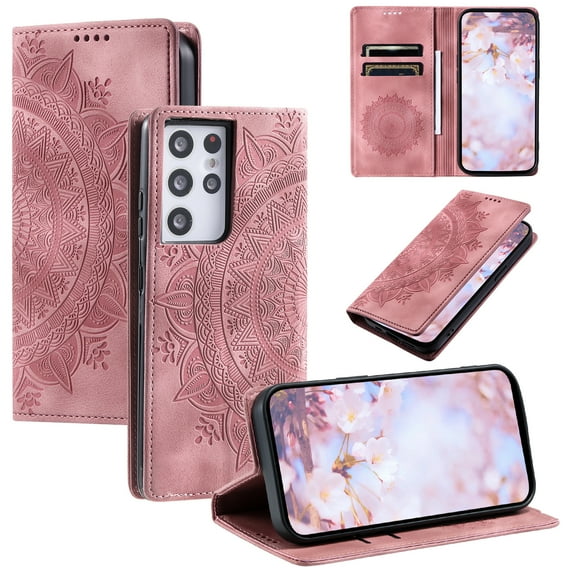Case for Samsung Galaxy S21 Ultra Wallet Case for Women Girls with Card Holder, Embossed Flower Pattern Magnetic Flip PU Leather Purse Protective Phone Cover for Samsung Galaxy S21 Ultra, Pink