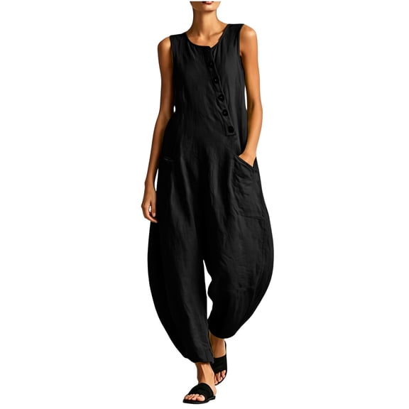 Ygbgbb Womens Lapel Cap Sleeve Zip Front Elastic Waist Wide Leg Jumpsuit with Side Pockets for Beach Black M