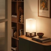 Brightech Maxwell Bedside Lamp Set with USB Port – Compact Table Lamp for Bedroom, Living Room - Modern Asian Nightstand Lamp with Wood Frame - LED Bulb, Soft Light - Brown