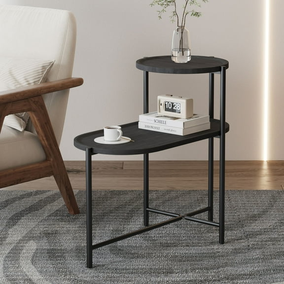 2 Tier Oval End Tables Wooden Small Side Table, 27" Round Coffee Table with Storage Tray, Modern End Table for Living Room, Office, Apartment, Black