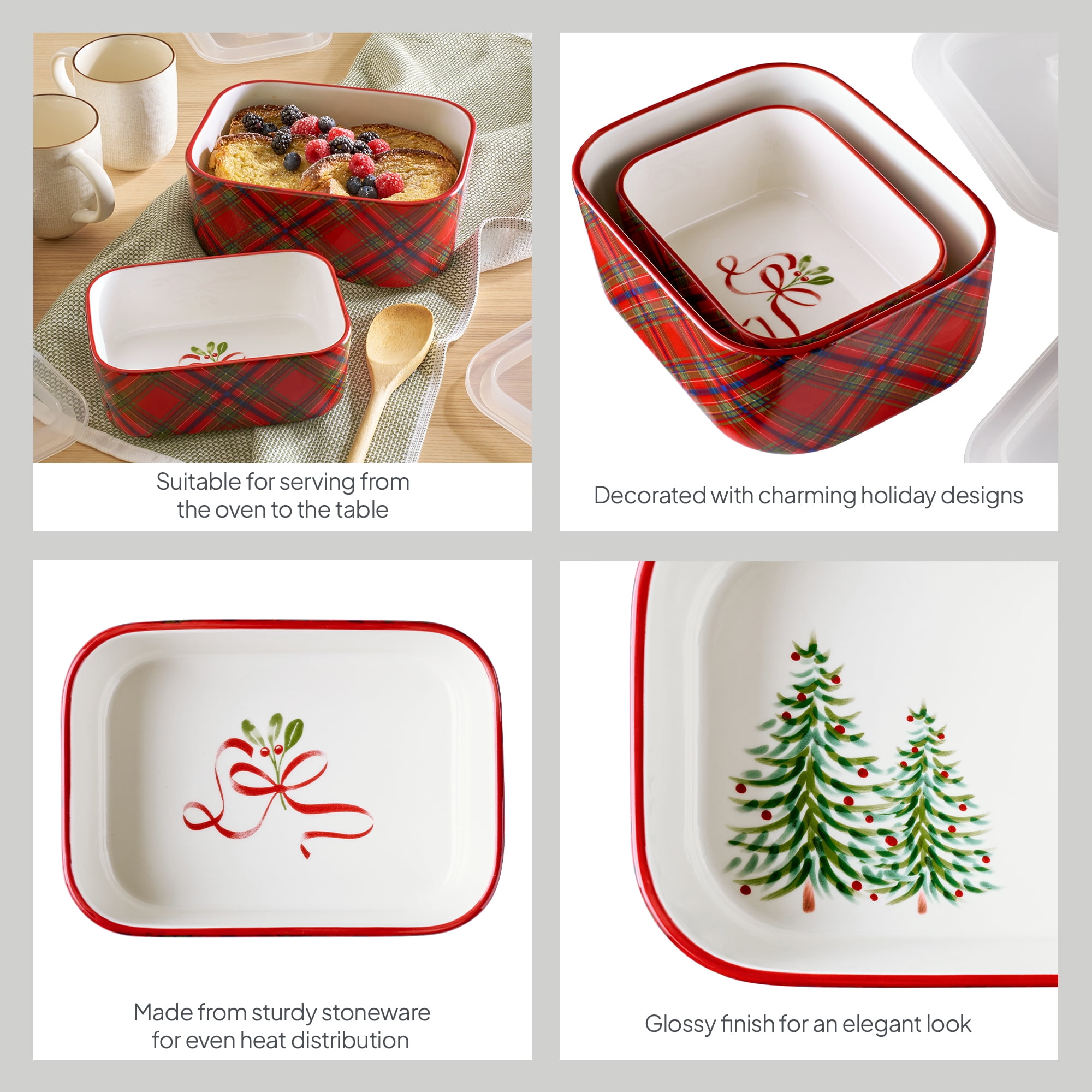 Better Homes & Gardens Holiday Stoneware Baking Dish Set with Lids, 4-Piece