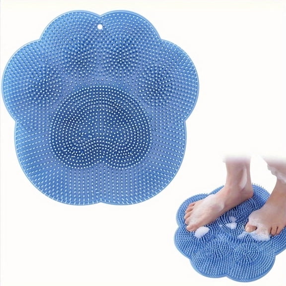 Silicone Shower Foot Massage Mat, Anti-Slip Bath Scrubber for Feet and Back, Flower Shape, Large Blue