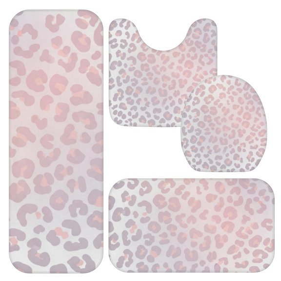 Pink and White Leopard Print Bathroom Rug Set 4 Piece,Includes Contour,Lid Cover,Bath Mat,Non-Slip Extra Soft Absorbent Washable