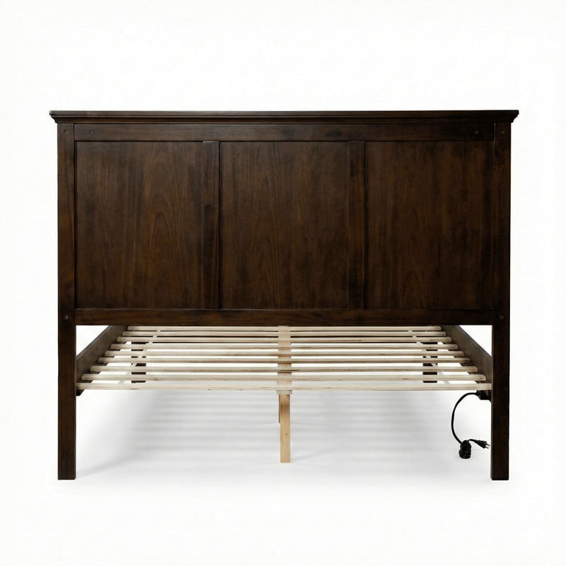 Vintage Style Queen Size Bed Frame with Tall Headboard & Ball-Shaped Legs, Wooden Platform Bed Frame with Charging Station