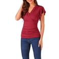 thumbnail image 4 of Blusa Faux Wrap Inspire Chic para mujer, blusa casual de verano con cuello en V y mangas con volantes, color rojo oscuro, talla M, 4 of 6