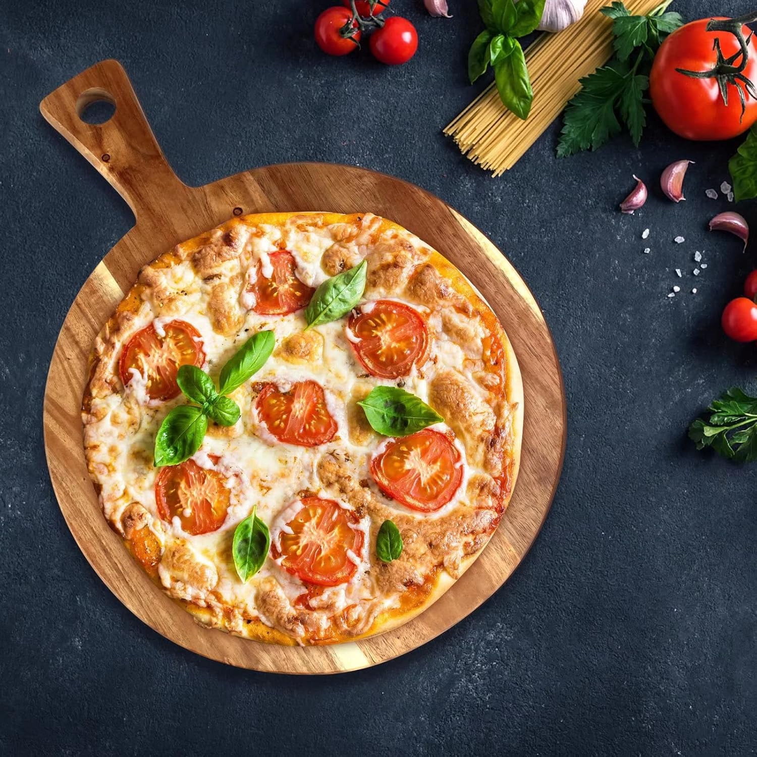 Wood Cutting Board with Handle Wooden Chopping Board Paddle Round Cutting Boards for Kitchen Meat Bread Serving Board Charcuterie Boards Chopping Blocks Circular Circle Pizza Cheese Board