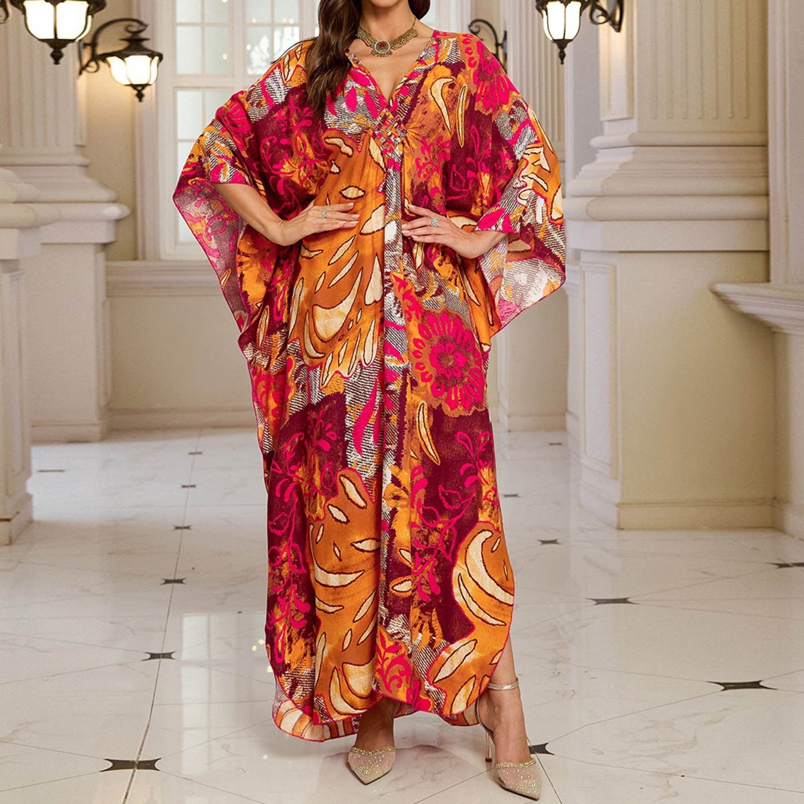Women Kaftan Dresses Cover Ups Vintage Boho Printed Long Sleeve V Neck Beach Dress Lightweight Vacation Sheer Bathing Suits