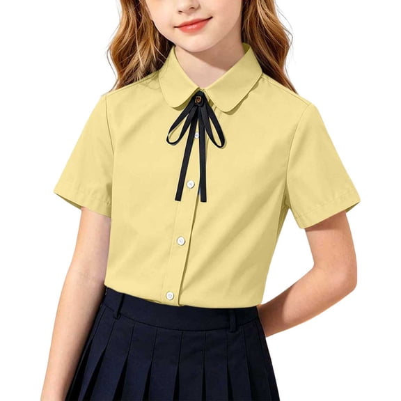 ZToonmas Girls Solid Peter Pan Collar Short Sleeve Uniform Shirt with Ribbon Bow Tie for 1-18 Years Old Kids Teens Breathable Preppy School Blouse for Back to School