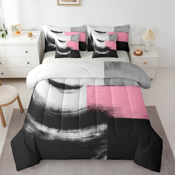 Castle Fairy Abstract Rectangle 7-Piece Twin Bedding Sets for Teens Women Men,Geometric Theme Bedding Comforter Set,Abstract Minimalist Breathable Sheet Sets,Lightweight Room Decor