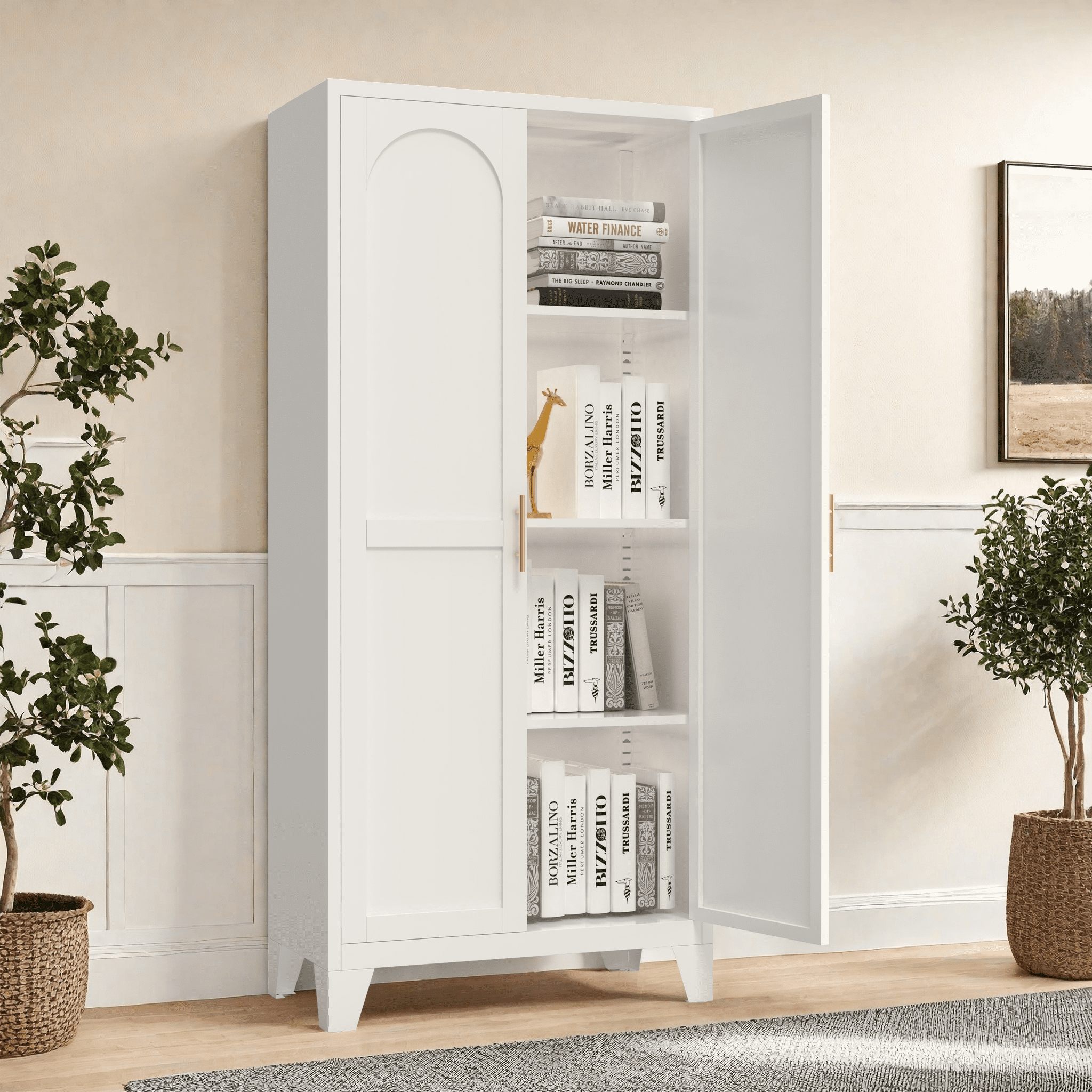 Miniyam 61"H Metal Storage Cabinet with 2 Shaped Doors & Adjustable Shelves – White, for Bedroom/Living Room