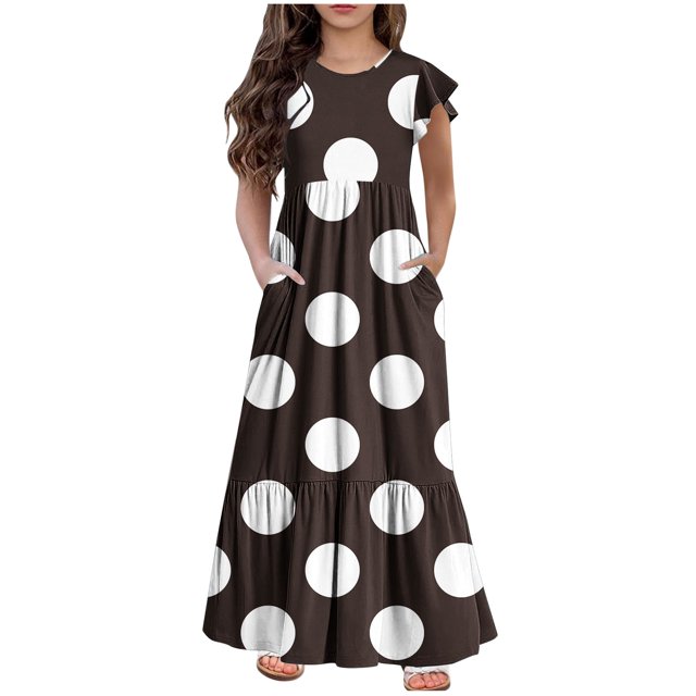 Bwiyojiz Tailles de Mode 130-160 Robe d'Été à Manches Courtes Col Rond Couleur Unie pour Filles, Marron