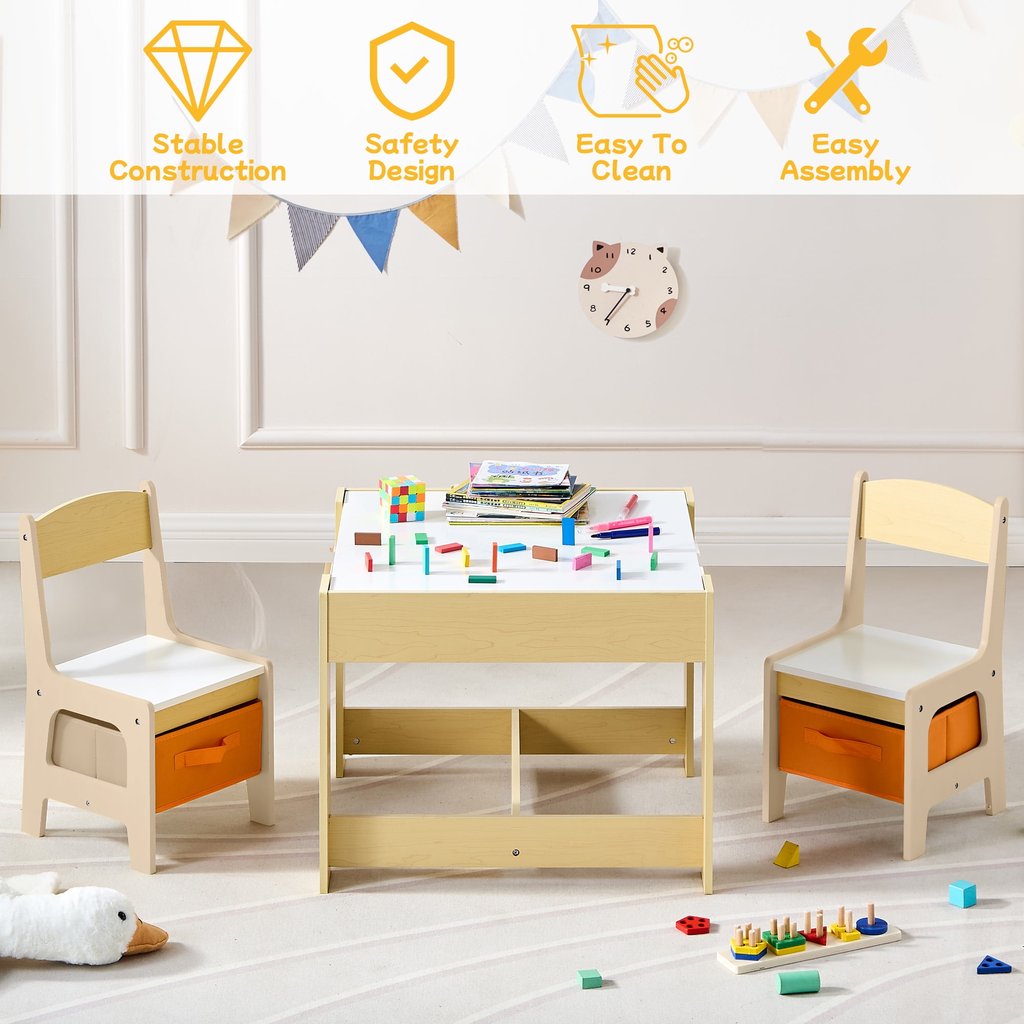 Kids Table and 2 Chair Set, 4 in 1 Wooden Toddler Table and Chair Set with Storage Drawer, Detachable Tabletop for Children Drawing/Reading/Art Craft, Home, Nursery, Playroom (Natural)