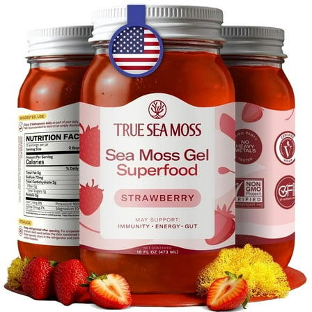 TrueSeaMoss Wildcrafted Irish Sea Moss Gel Superfood - Strawberry, Pack of 1 Organic Seamoss - Made in USA