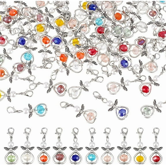 60pcs Angel Wing Charms Keychain 10 Color Guardian Angels Charms Angel Fairy Pendants Faceted Glass Beads Pendants Heart Dangle Charm with Clasps for Earring Bag Pouch Purse Party Favors