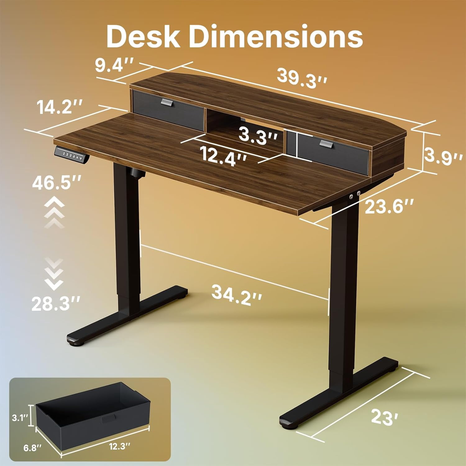40 x 24 Inch Small Electric Standing Desk with 2 Drawers, Height Adjustable Sit Stand Desk with 4 Memory Settings, Walnut