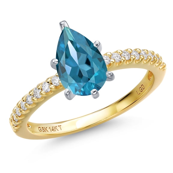 Gem Stone King 14K Two Tone Gold London Blue Topaz and Lab Grown Diamond Engagement Ring for Women | 1.79 Cttw | Pear Shape 9X6MM | Gemstone November Birthstone | Size 7
