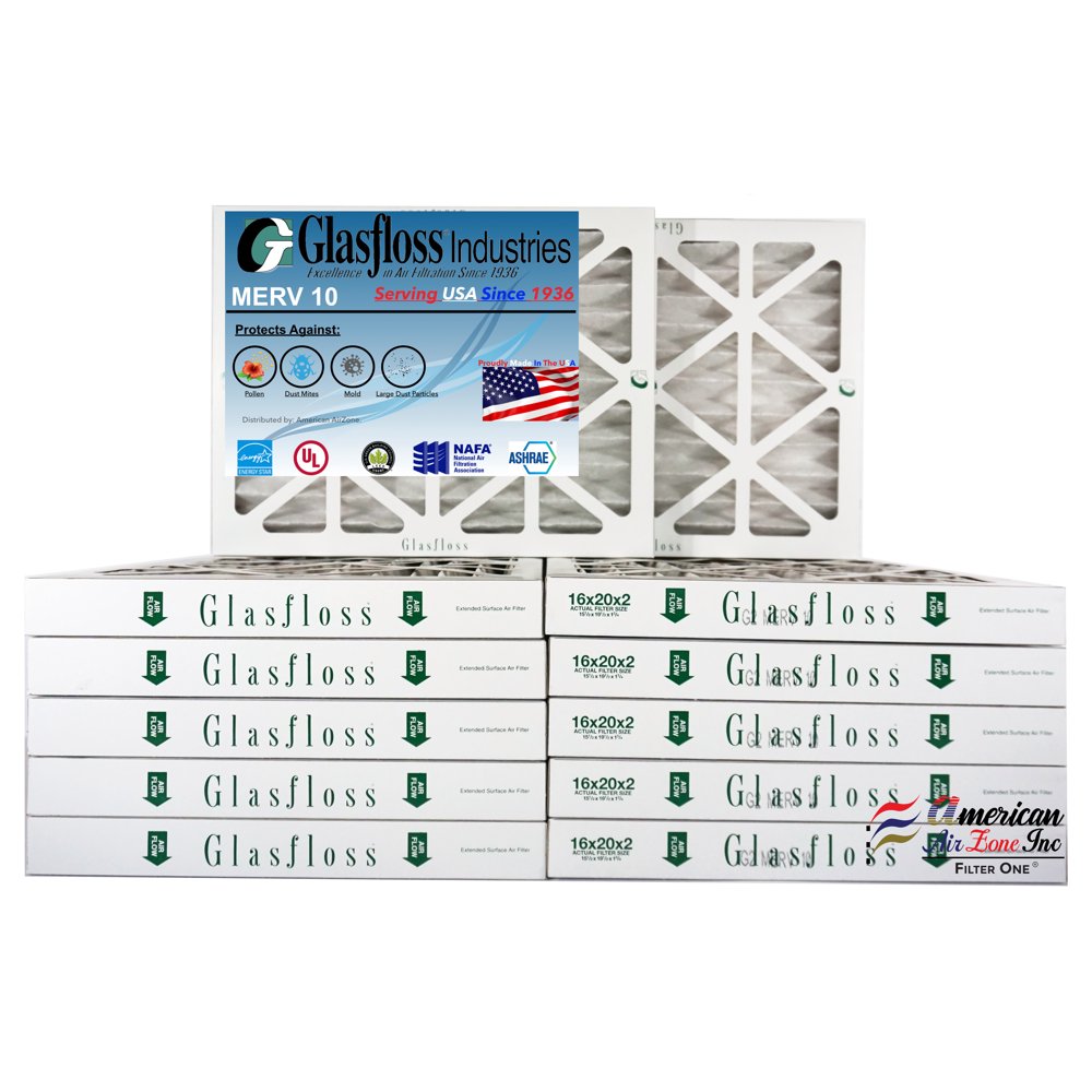 Glasfloss Air Filter 16x20x2 2" MERV 10 (Pack of 12) Pleated AC