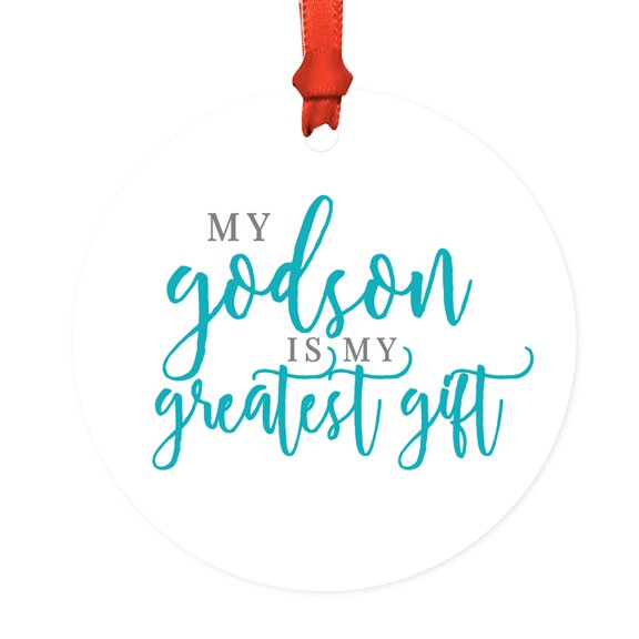 Religious Round Metal Christmas Ornament, Godson is My Greatest Gift, Includes Ribbon and Gift Bag