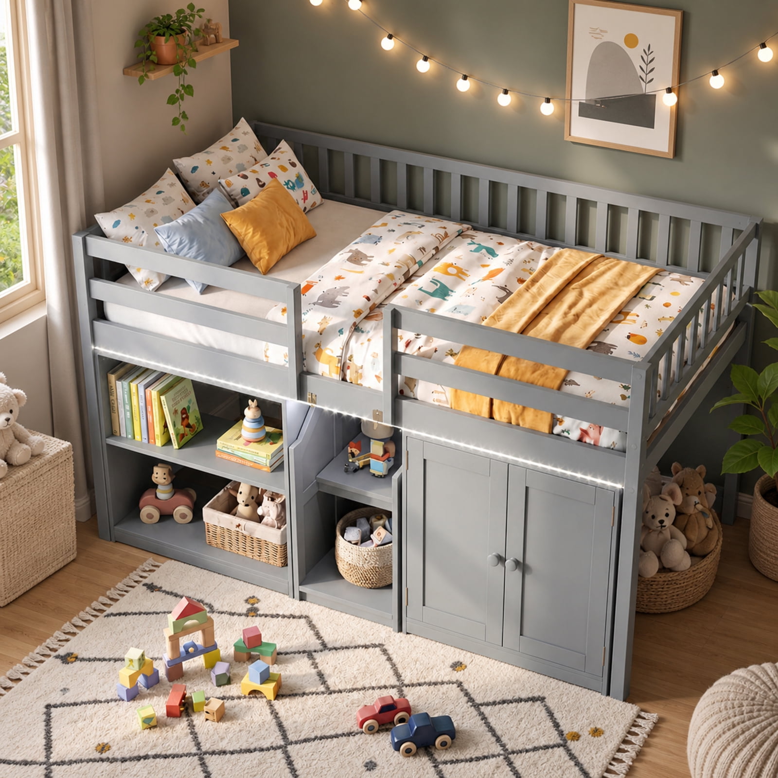 Furnibear Twin Size Loft Bed with Warm White LED Lights Storage Bookcase Cabinet Full Length Guardrails Stairs and 14 Plywood Slats, Gray
