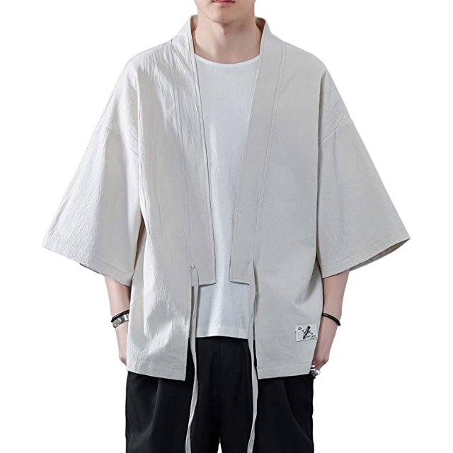 Abrigo de kimono japonés para hombre, cárdigan suelto de manga 3/4 con frente abierto, T