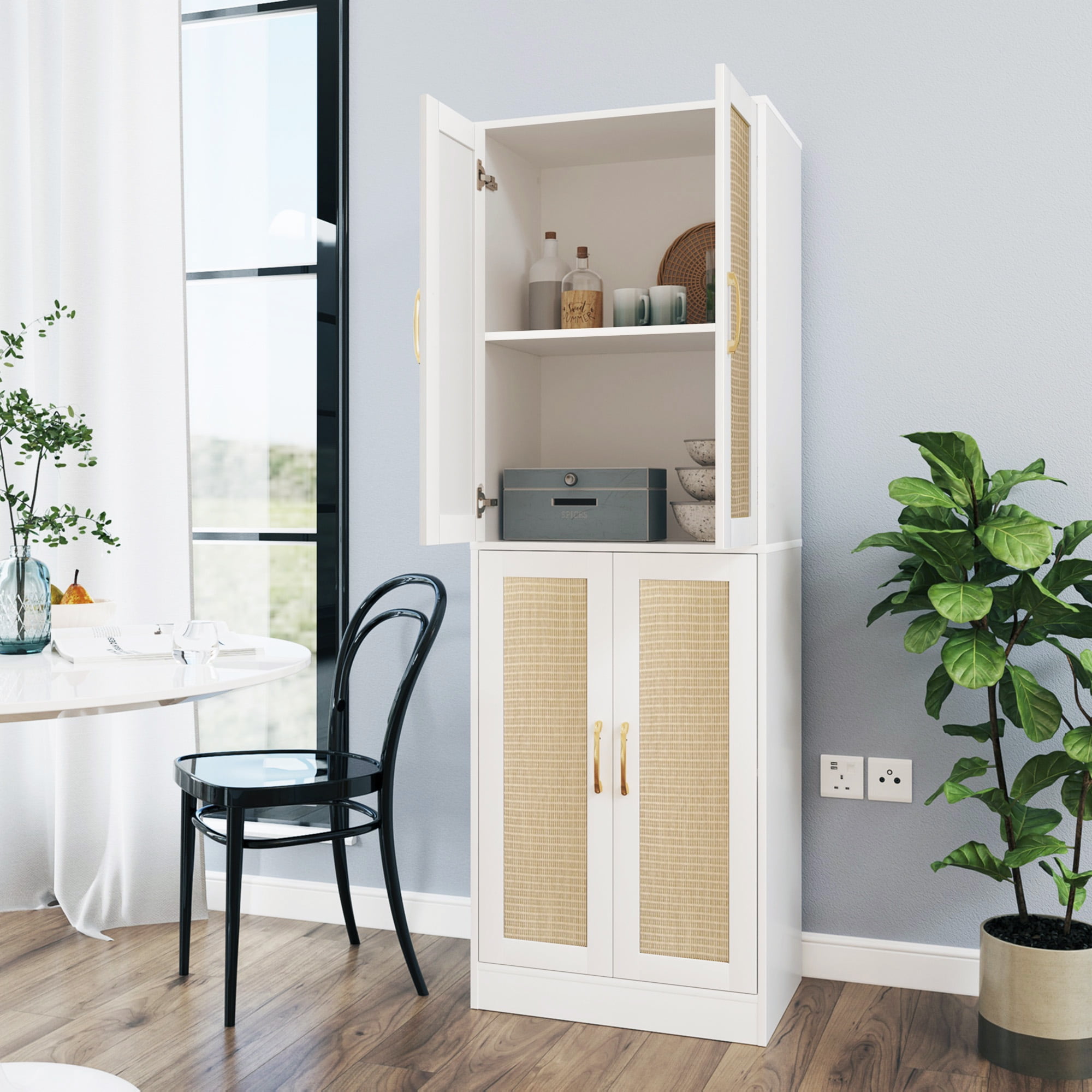 BOCVKENN Storage Cabinet - Kitchen Pantry Cabinet, Tall Pantry Storage Cabinet Freestanding with 4 Rattan Doors and Adjustable Shelves, Cupboard Cabinet for Dining Living Room, Laundry, Bathroom