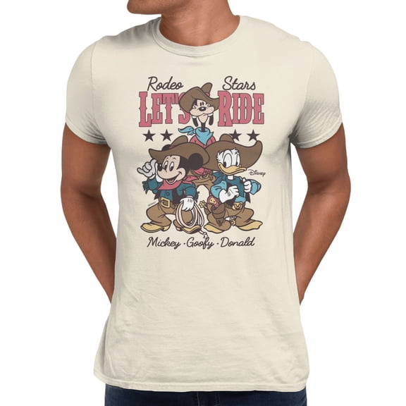 Disney Mickey Mouse Men's Rodeo Star Ride Mickey Goofy Donald T-Shirt (Natural, S-XXXL)