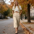 thumbnail image 6 of Cropped Pants Womens Petite Linen Pant 2026 Lightweight Elastic Waist Wide Leg Mid Calf Length Summer Beach Dress Capris Khaki XL, 6 of 6