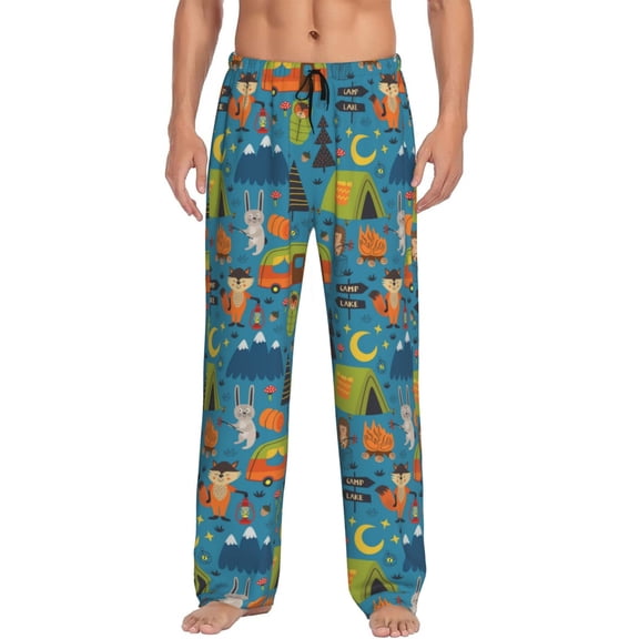 Logiee Animals In Camping Print Pajama Pants for Men,Men’s Pajama Bottoms,Mens PJ Pants with Pockets & Button Fly-Small